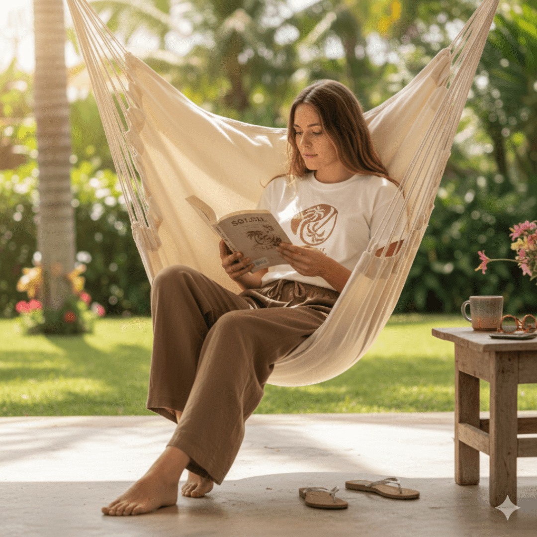 Lifestyle photo of Woman wearing Soleil t-Shirt and Carve Lanai Beach pants sitting in a hammock reading a book.