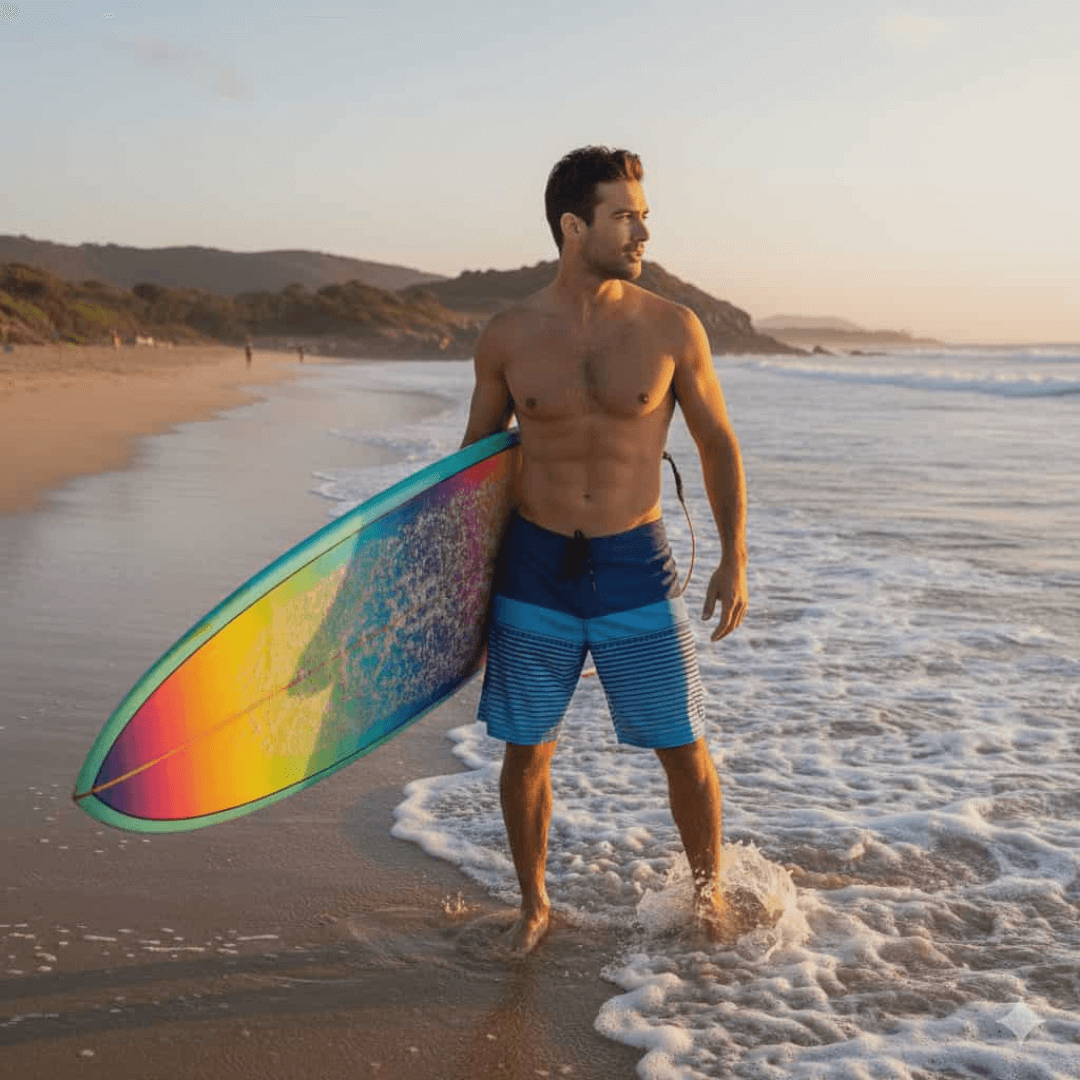 Carve Tavarua Boardshort – available at Stewart’s Menswear Mullumbimby. Regular fit men’s recycled boardshort with 19” outleg, drawcord waist, and zip pocket. Lifestyle photo of man wearing Carve Tavarua Boardshort, standing at the shore holding a surfboard.