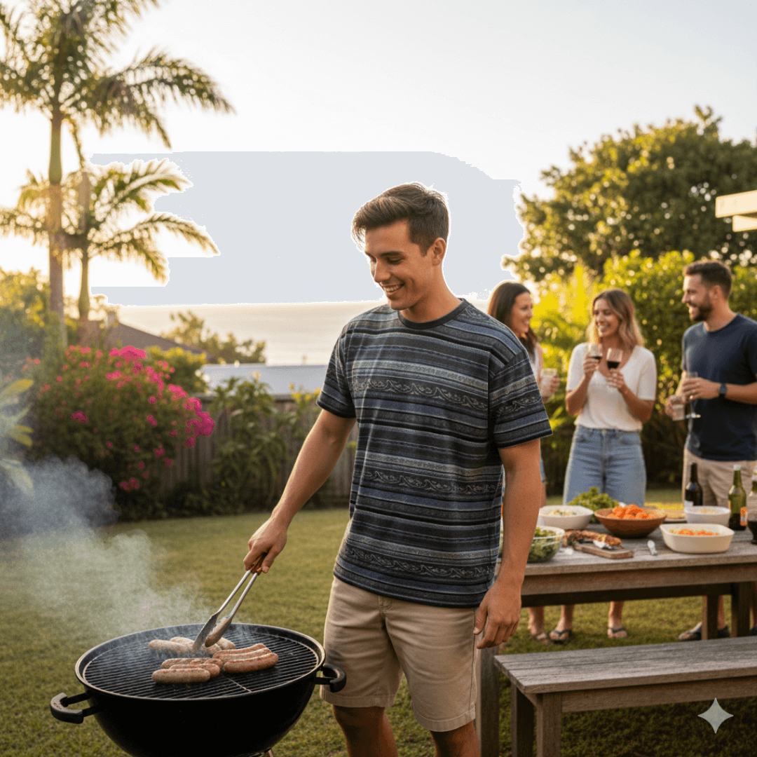 Lifestyle photo of man wearing Carve Apache Short Sleeve Tee available at Stewart’s Menswear Mullumbimby. Regular-fit printed cotton tee with vintage wash. The man is cooking sausages on a BBQ.