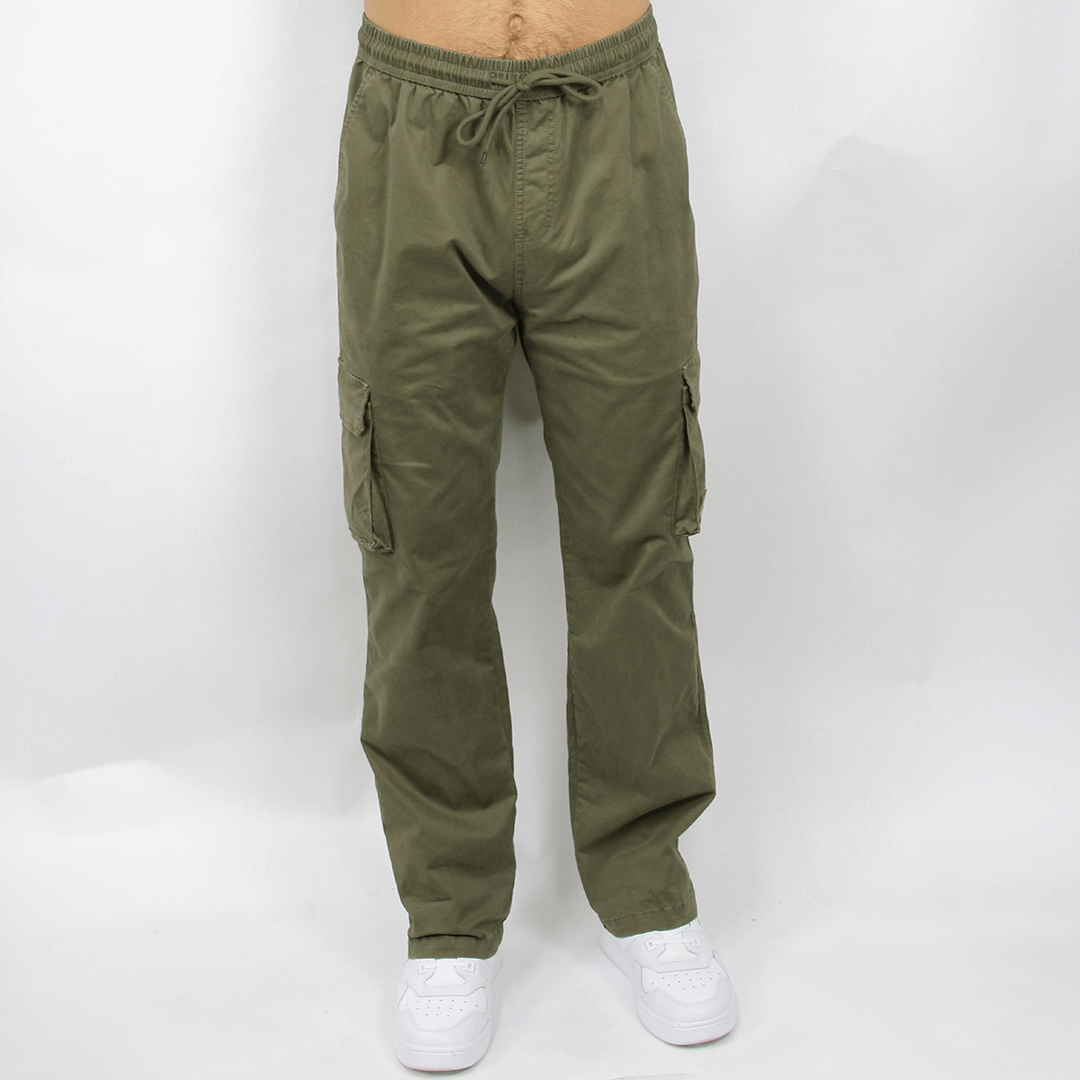 Stewarts Menswear Carve surf brand. Men's elastic waist cargo pants. Colour is Olive.