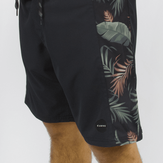 Carve Castaway Boardshort available at Stewart’s Menswear Mullumbimby. Regular-fit men’s recycled boardshorts with elastic waist, contrast panels and zip pocket.