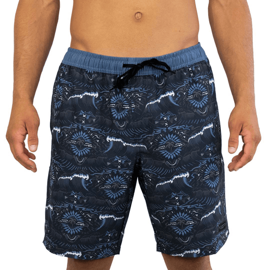 Stewarts Menswear Carve Cosmic boardshorts. Comfort fit with a 19" outer leg length and a contrast coloured elastic waistline with drawcord and mock fly front.  Features side seam pockets, plus keep your essentials safe with the back velcro closure pocket. Black with all over blue yardage print featuring waves, islands and palm trees.