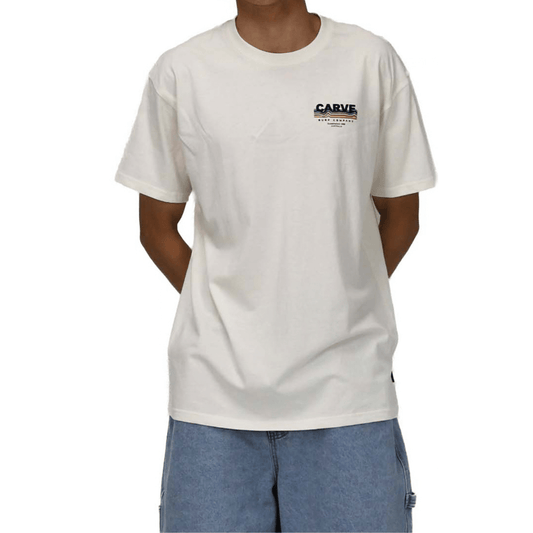 Front view of Carve Decade Tee in Whipped Butter, men's off-white cotton tee with retro Carve Surf Company wave print on the back, available at Stewart's Menswear Mullumbimby.