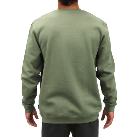 Back view of Carve Endless Crew Sweatshirt in moss green available at Stewart’s Menswear Mullumbimby. Crew neck fleece sweatshirt with small centre chest print.