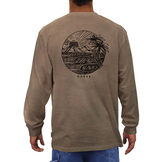 Back view of Carve Eventide Long Sleeve Tee in Driftwood available at Stewart’s Menswear Mullumbimby. Long sleeve cotton tee with chest print and back graphic.