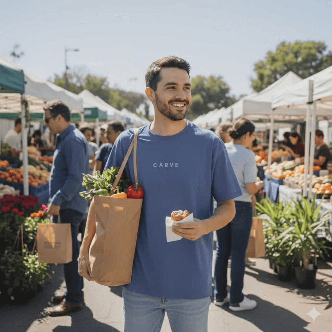 Carve Exile Short Sleeve Tee available at Stewart’s Menswear Mullumbimby. Relaxed fit cotton jersey men’s t-shirt with small chest print. Lifestyle photo of man wearing Carve Exile T-shirt in a market setting carrying a bag of fresh vegetables.