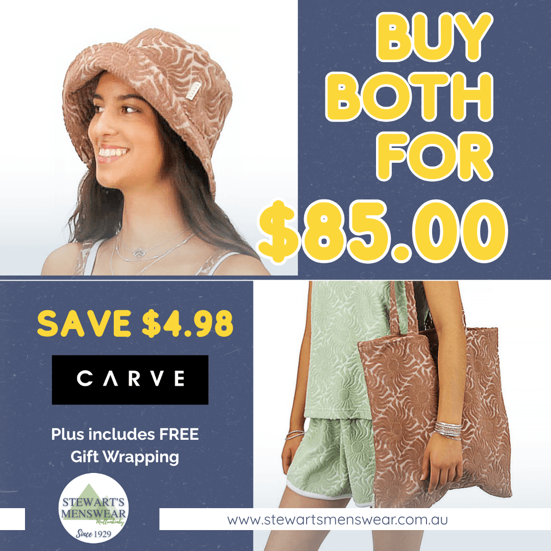 Carve gift bundle includes summa bucket hat and lotus tote bag available from Stewarts menswear in Mullumbimby. Save $5 and includes Free gift wrapping.