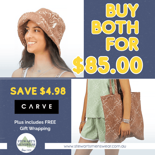 Carve gift bundle includes summa bucket hat and lotus tote bag available from Stewarts menswear in Mullumbimby. Save $5 and includes Free gift wrapping.