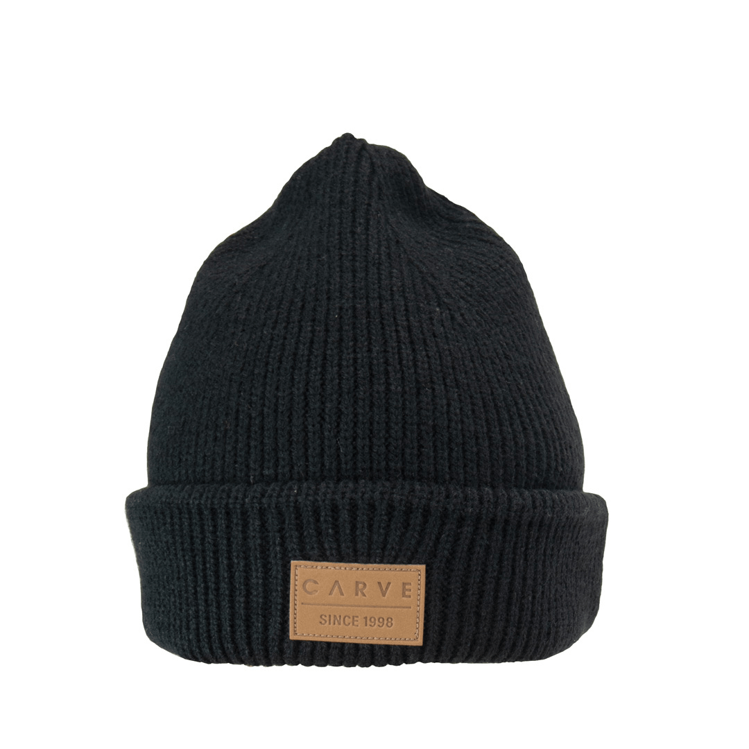 Carve Havoc Beanie in black available at Stewart’s Menswear Mullumbimby. Rib knit cuff beanie with PU leather badge on the front.