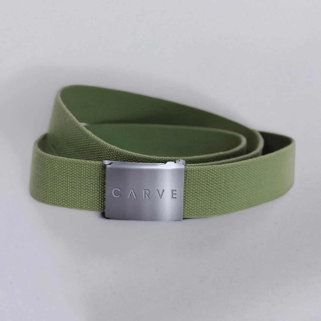 Carve Hawker Webbing Belt in olive with brushed metal alligator grip buckle and Carve logo, available at Stewart's Menswear Mullumbimby.