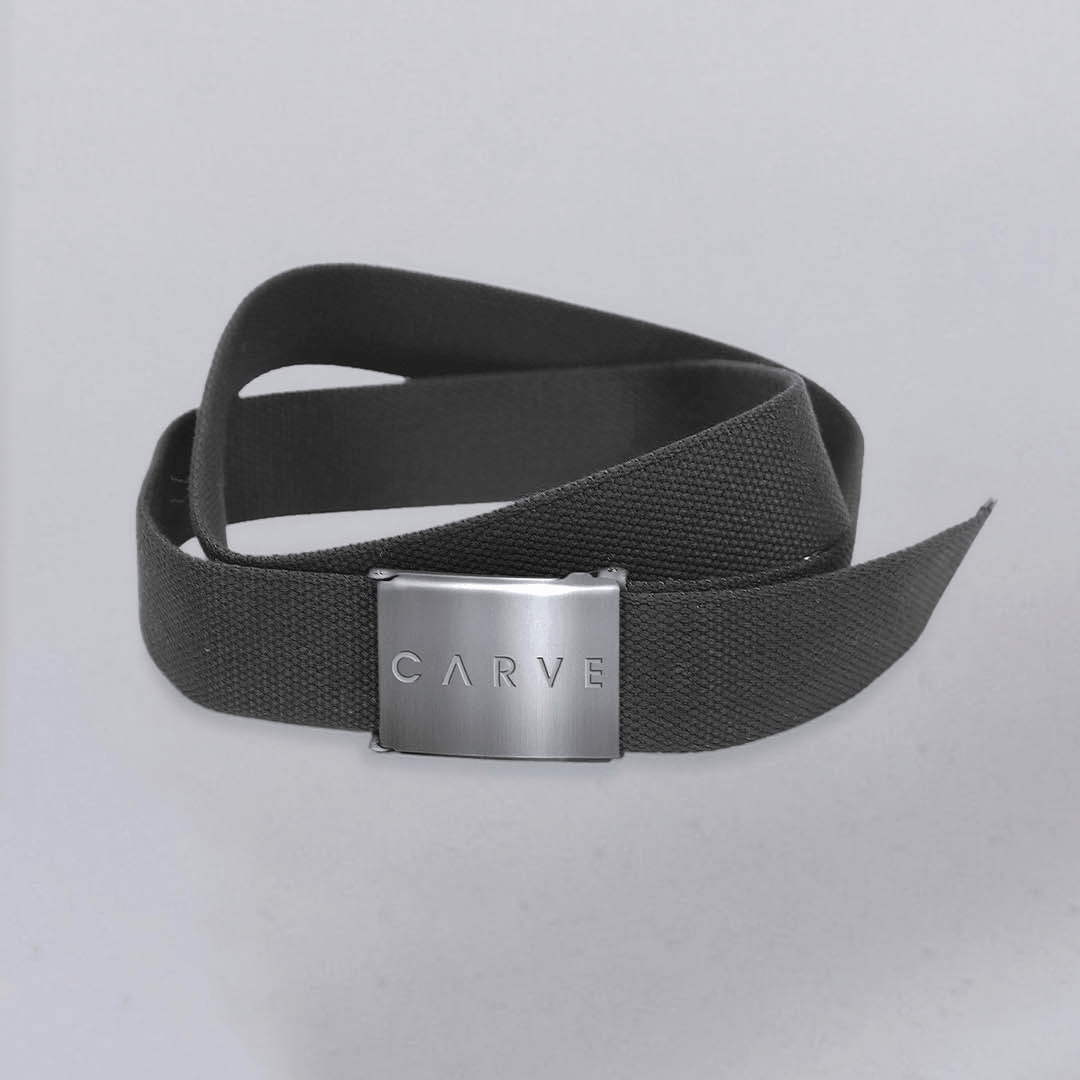 Carve Hawker Webbing Belt in black with brushed metal alligator grip buckle and Carve logo, available at Stewart's Menswear Mullumbimby.