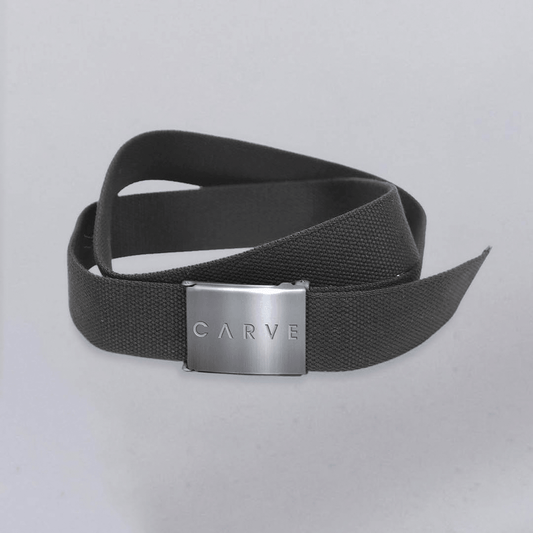 Carve Hawker Webbing Belt in black with brushed metal alligator grip buckle and Carve logo, available at Stewart's Menswear Mullumbimby.