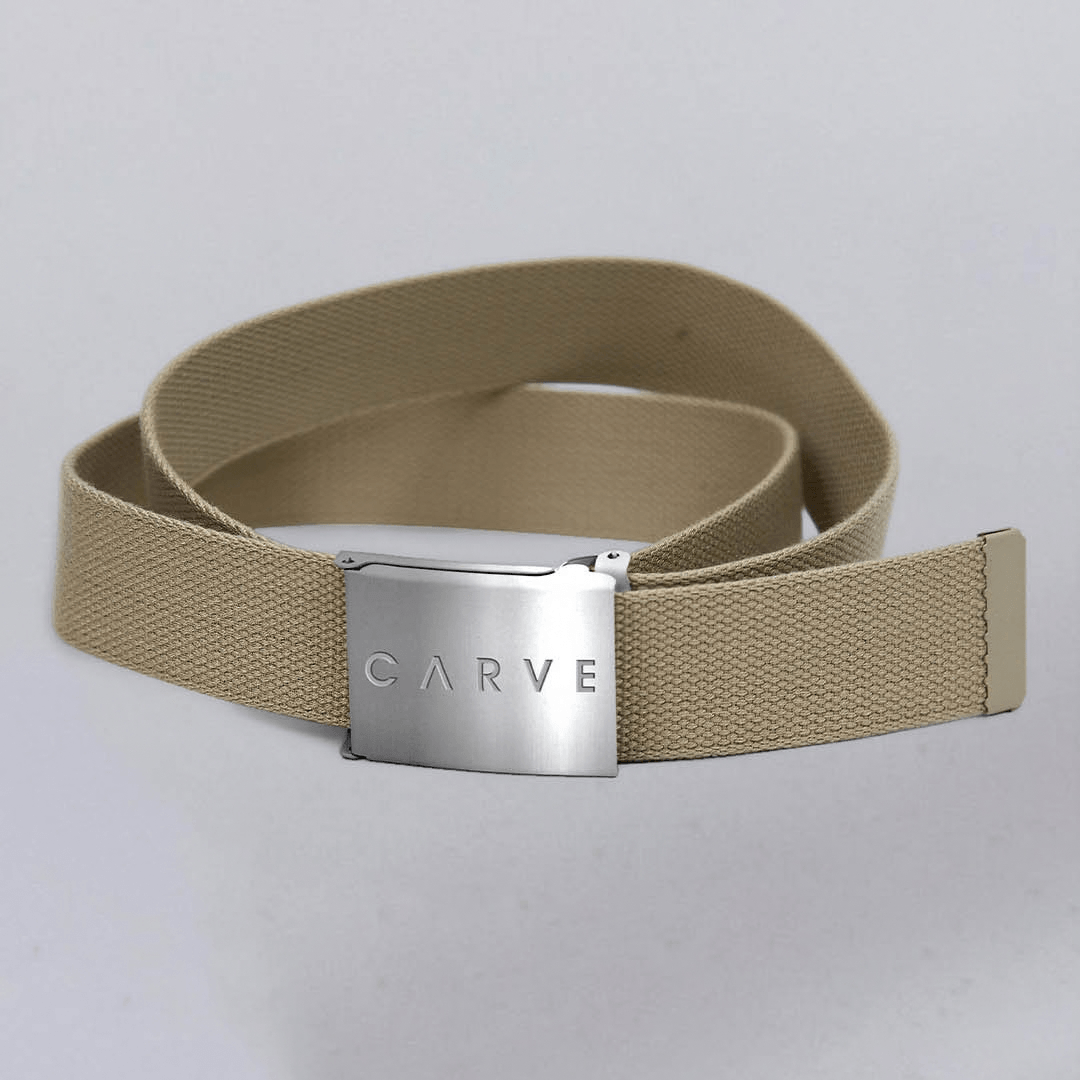 Carve Hawker Webbing Belt in stone with brushed metal alligator grip buckle and Carve logo, available at Stewart's Menswear Mullumbimby.