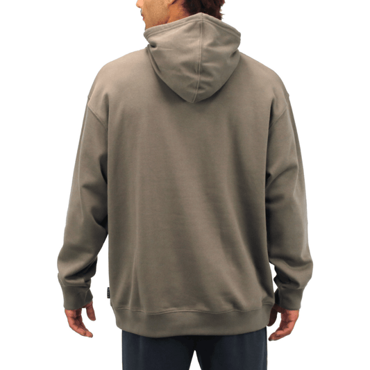 Back view of Boys Jagger Hoodie in Driftwood available at Stewart’s Menswear Mullumbimby. Pullover fleece hoodie with chest print and kangaroo pocket.