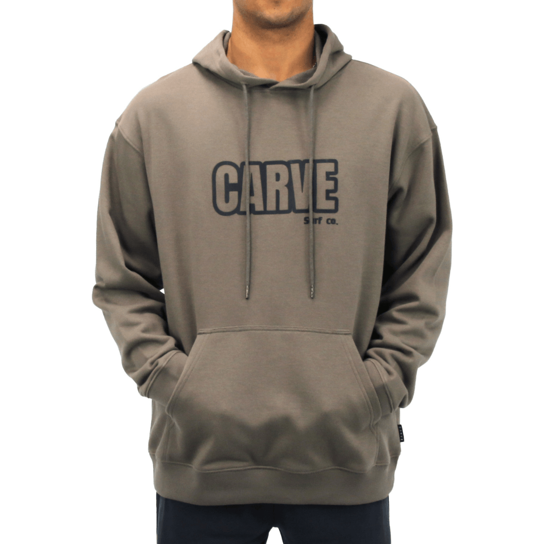 Front view of Boys Jagger Hoodie in Driftwood available at Stewart’s Menswear Mullumbimby. Pullover fleece hoodie with chest print and kangaroo pocket.
