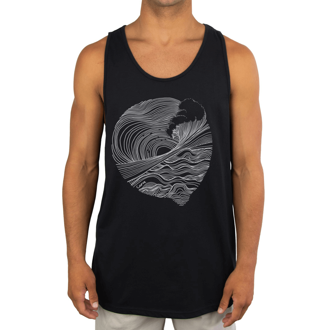 Stewarts Menswear Carve Linear Singlet. Men's Singlet with narrow self binding neckline and armholes. Large line drawing graphic representing the ocean on centre chest. Colour is Black with white print.