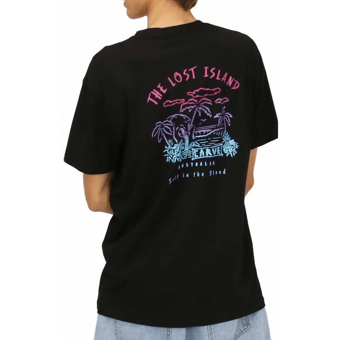 Back view of Carve Lost Island Tee in washed black with pink, purple and blue tropical island back print, available at Stewart's Menswear Mullumbimby.