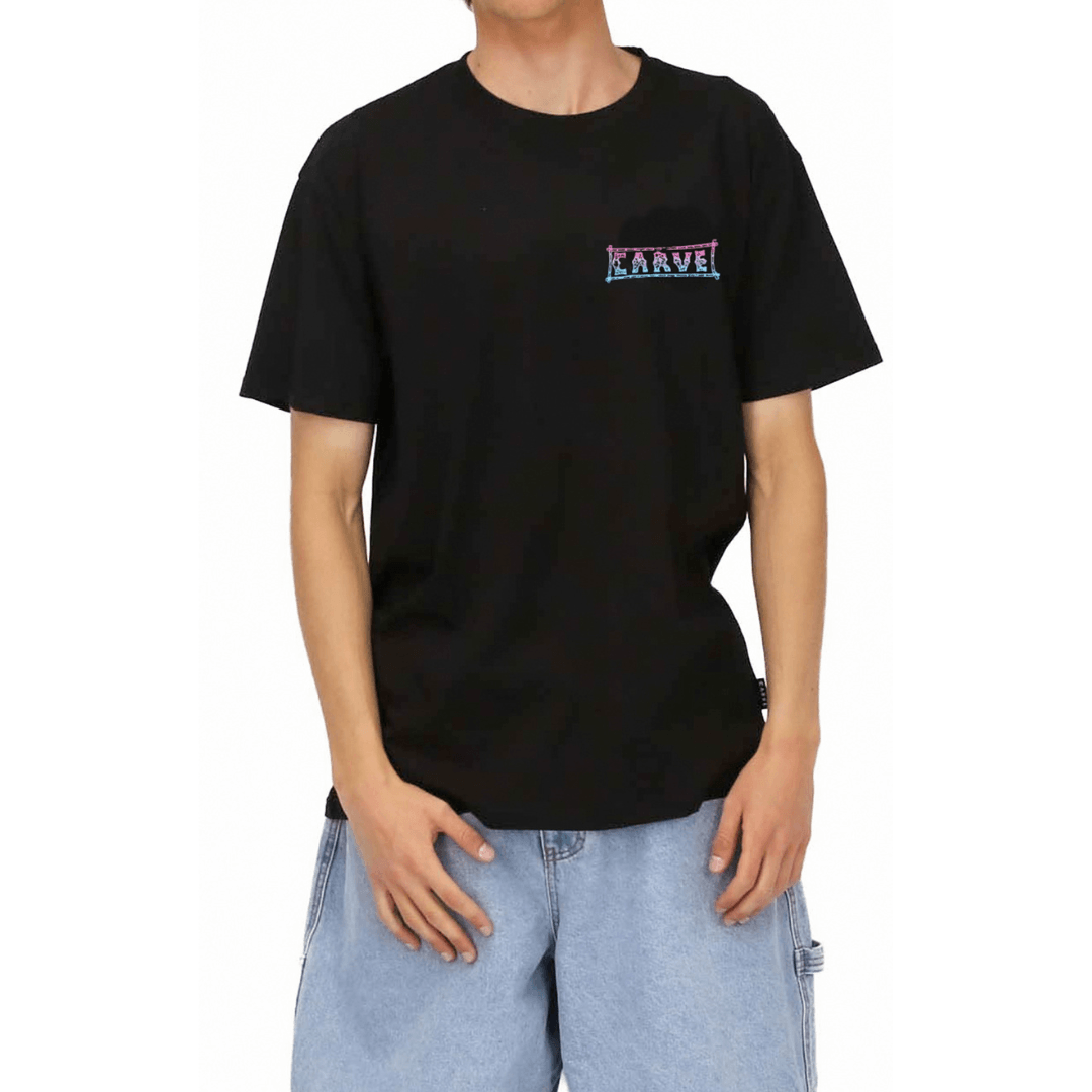 Front View of Carve Lost Island Tee in washed black with pink, purple and blue tropical island back print, available at Stewart's Menswear Mullumbimby.