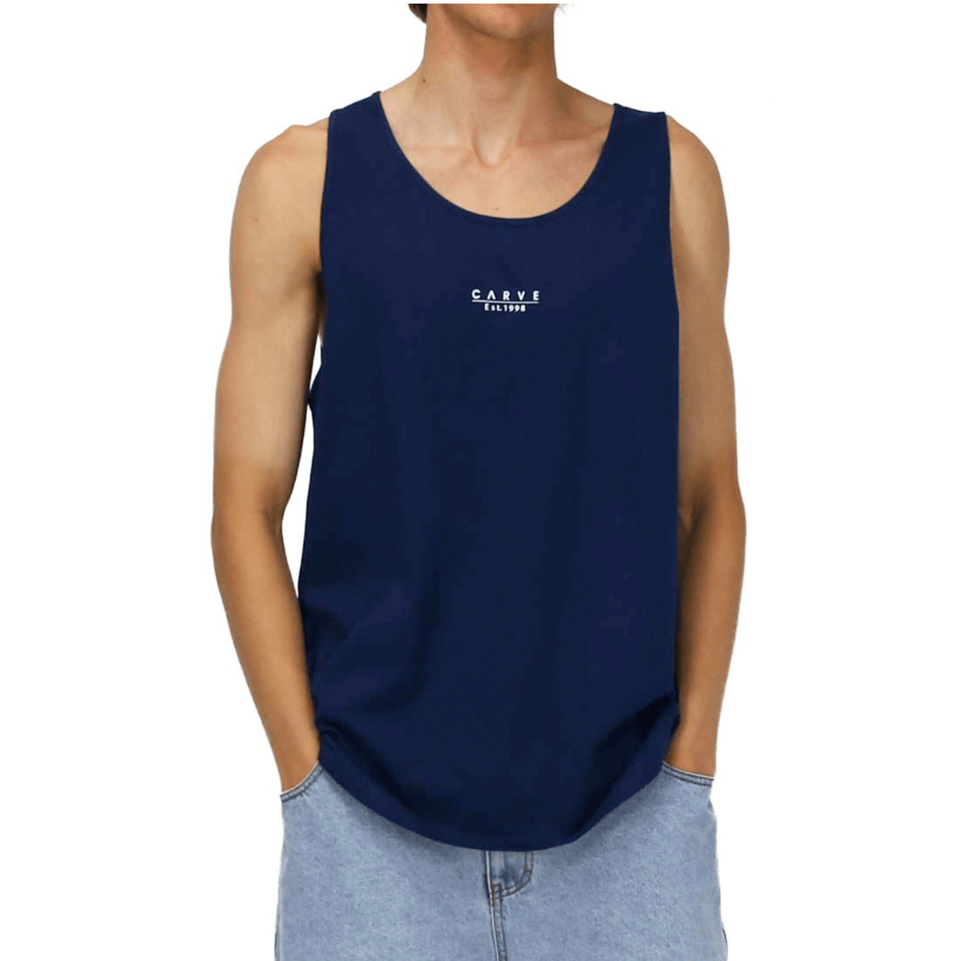 Carve Est. 1998 Singlet in navy, a men's cotton singlet with small white Carve chest print, available at Stewart's Menswear Mullumbimby.