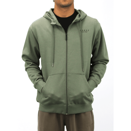 Front View of Carve Mystic Zip Hoodie in Moss available at Stewart's Menswear Mullumbimby. Warm 300g brushed fleece, zip front, side pockets, and easy everyday style.