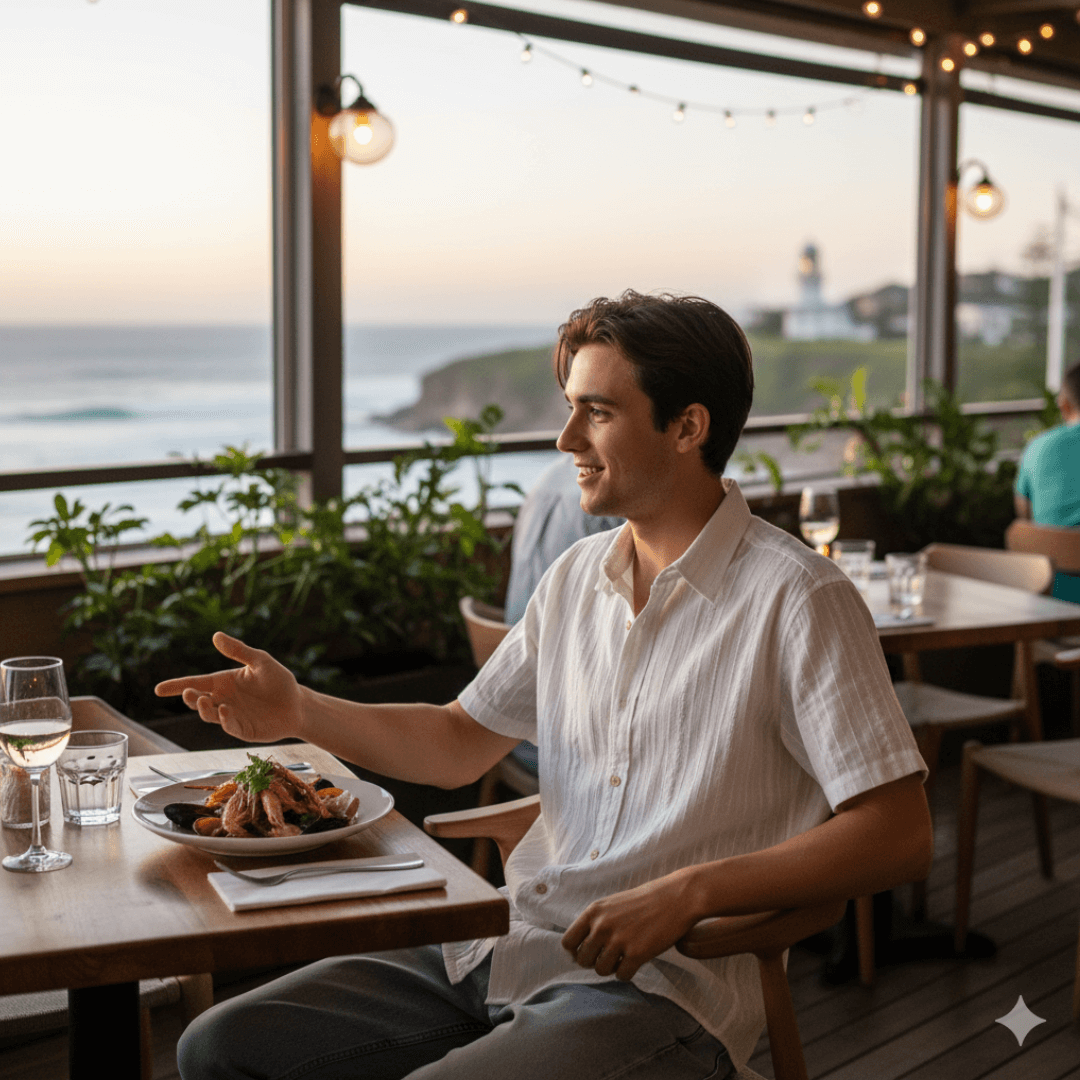 Lilfestyle photo of man wearing Carve Otto Short Sleeve Shirt available at Stewart’s Menswear Mullumbimby. Regular-fit white cotton-linen men’s shirt with textured stripe and button front. He is sitting in a restaurant eating dinner.