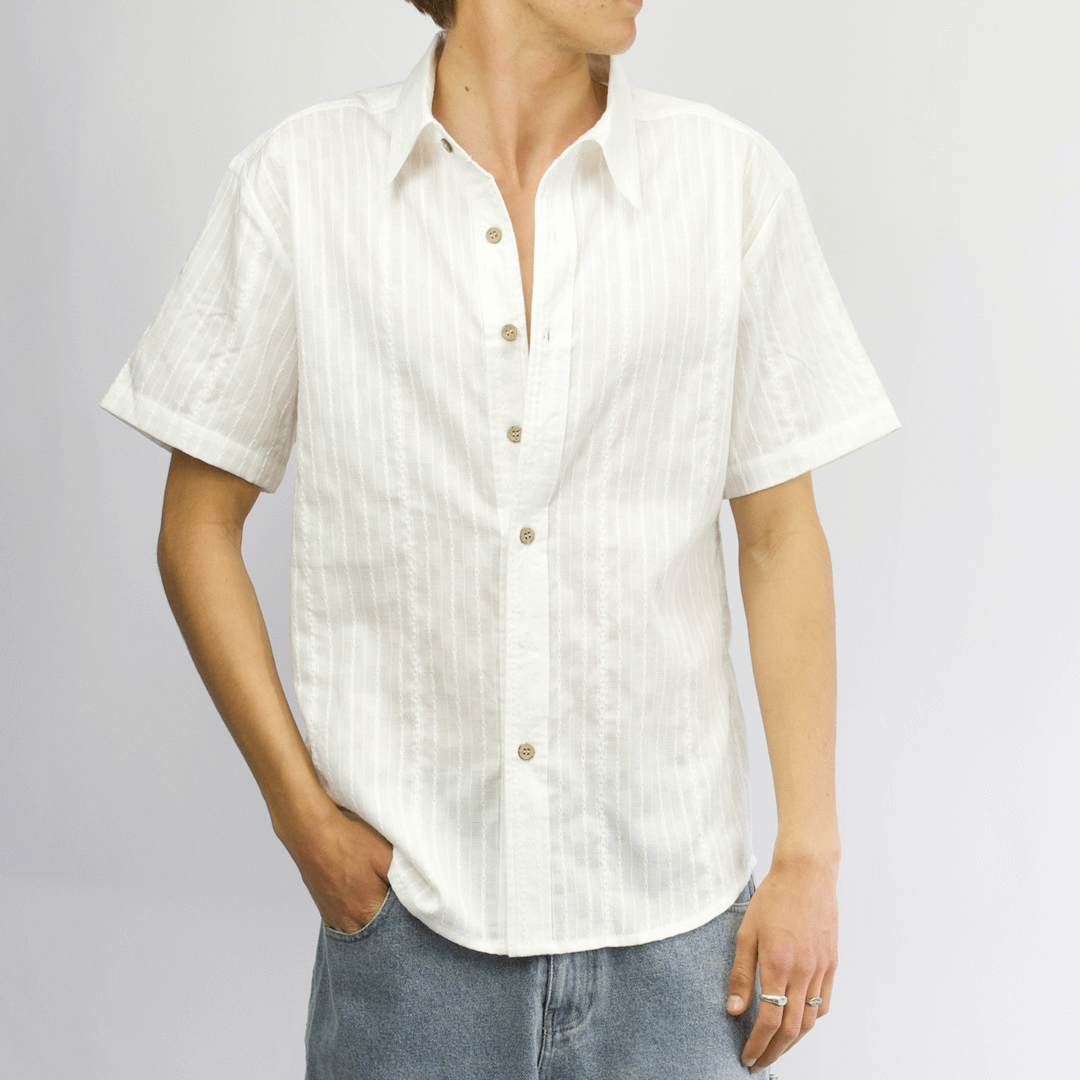 Front View of Carve Otto Short Sleeve Shirt available at Stewart’s Menswear Mullumbimby. Regular-fit white cotton-linen men’s shirt with textured stripe and button front.