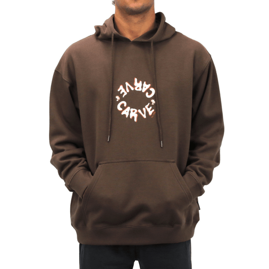 Front View of Carve Parker Hoodie in chocolate available at Stewart’s Menswear Mullumbimby. Pull over fleece hoodie with graphic chest and back print and kangaroo pocket.