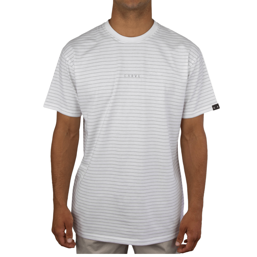 Stewarts Menswear Carve Rapture Tee. a regular fit men's short sleeve T-shirt with stripe print, Carve Embroidery on centre chest and sleeve pip. Colour is white.