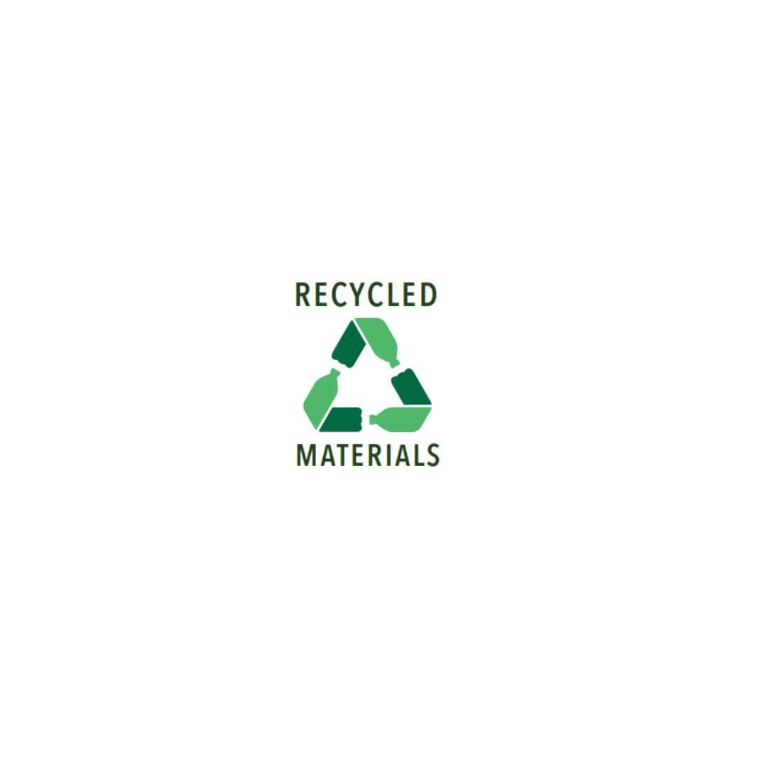 Recycled materials logo. Shirt is 100% cotton which includes 20% recycled cotton yarn.