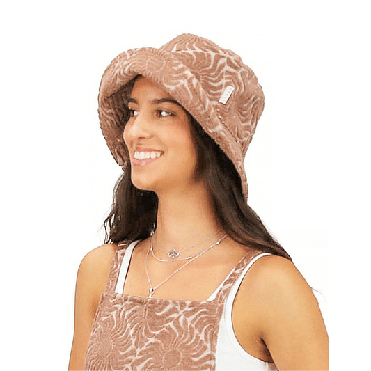 Model wearing Carve Summa Bucket hat in biscuit available at Stewart's Menswear , Mullumbimby
