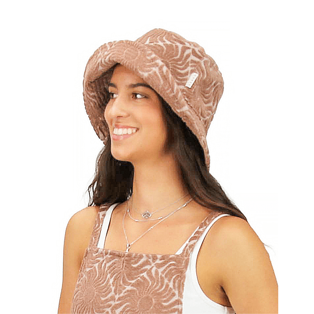 Carve Summa Hat, part of a Gift Set in biscuit, a matching towelling bucket hat and tote bag with swirling pattern, available at Stewart's Menswear Mullumbimby.