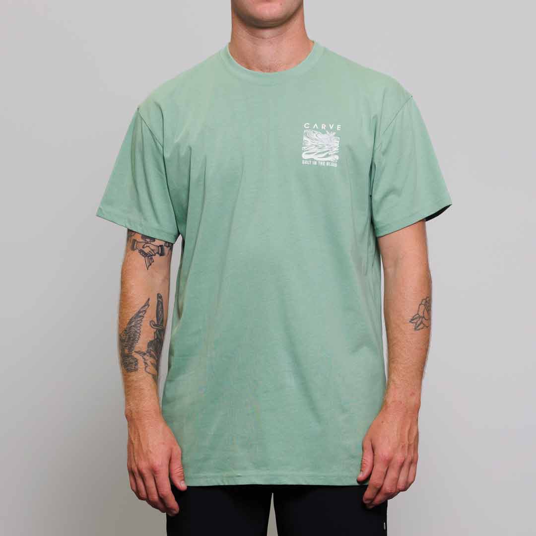 Stewarts Menswear Carve Surfwear Corfu Tee. This is a regular fit men's short sleeve T-shirt with small logo chest print and large back graphic print. With sizes from S to 5XL, no-one is excluded from having up to date seasonal fashion. Image is model wearing basil coloured t-shirt showing front print which is a mountains and waves graphic and words "Salt in the blood".