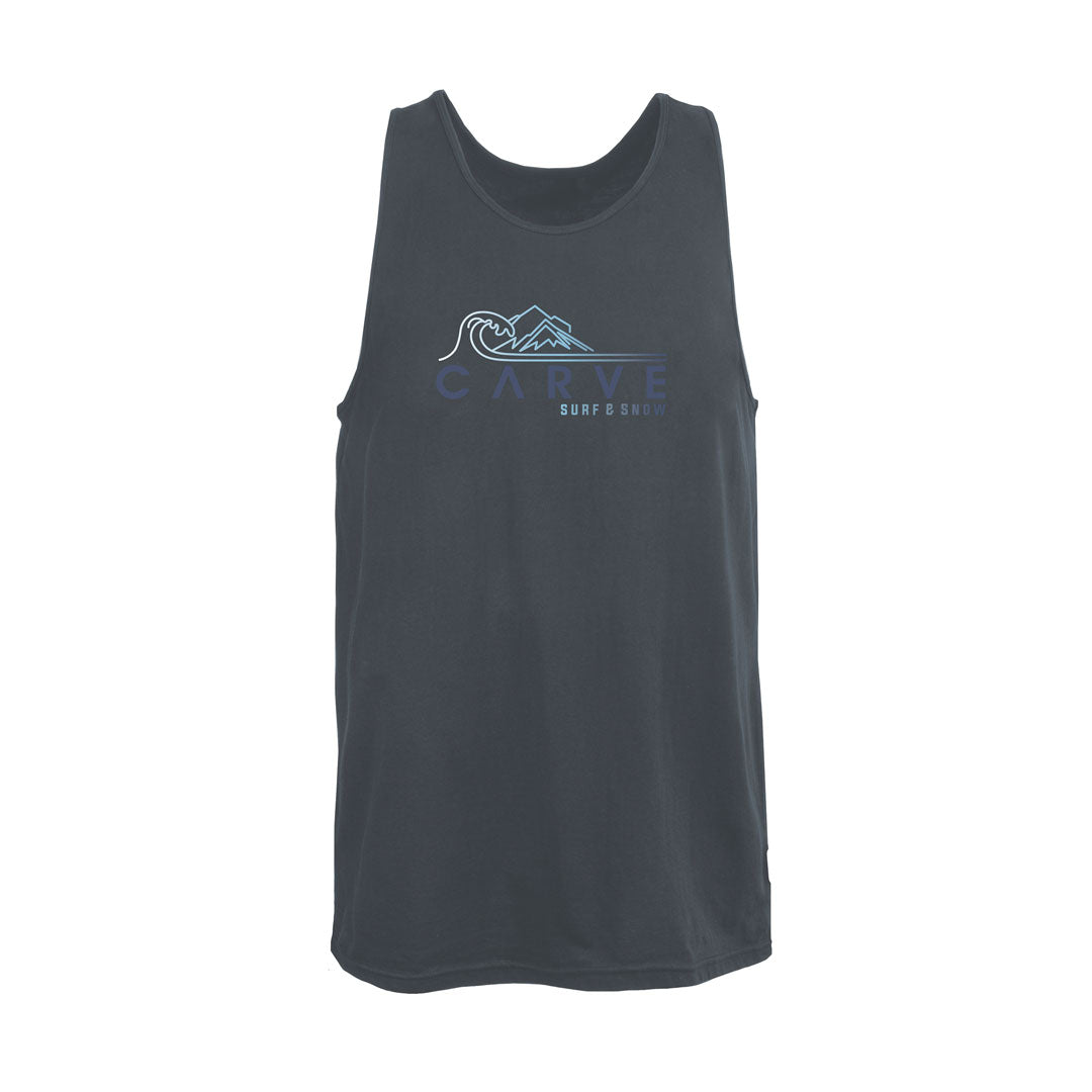 Stewarts Menswear Carve Surf wear crests and peaks singlet. This is a regular fit men's short sleeve T-shirt with mini Carve graphic chest print.   Cleanly finished with narrow self binding neckline and armholes. Steel coloured singlet with Ombre blue print of mountains and waves with words "Carve Surf and Snow"