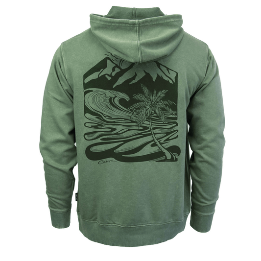 Stewarts Menswear Carve Surfwear Finals Hoodie. Colour is Clover Green. Carve Surfwear's Finals pullover Hooded sweatshirt is a relaxed/oversized fit.  Features a small Carve Print on Left chest and large graphic print on back with a front kangaroo pocket. Image shows back graphic print of waves and mountains with a palm tree.