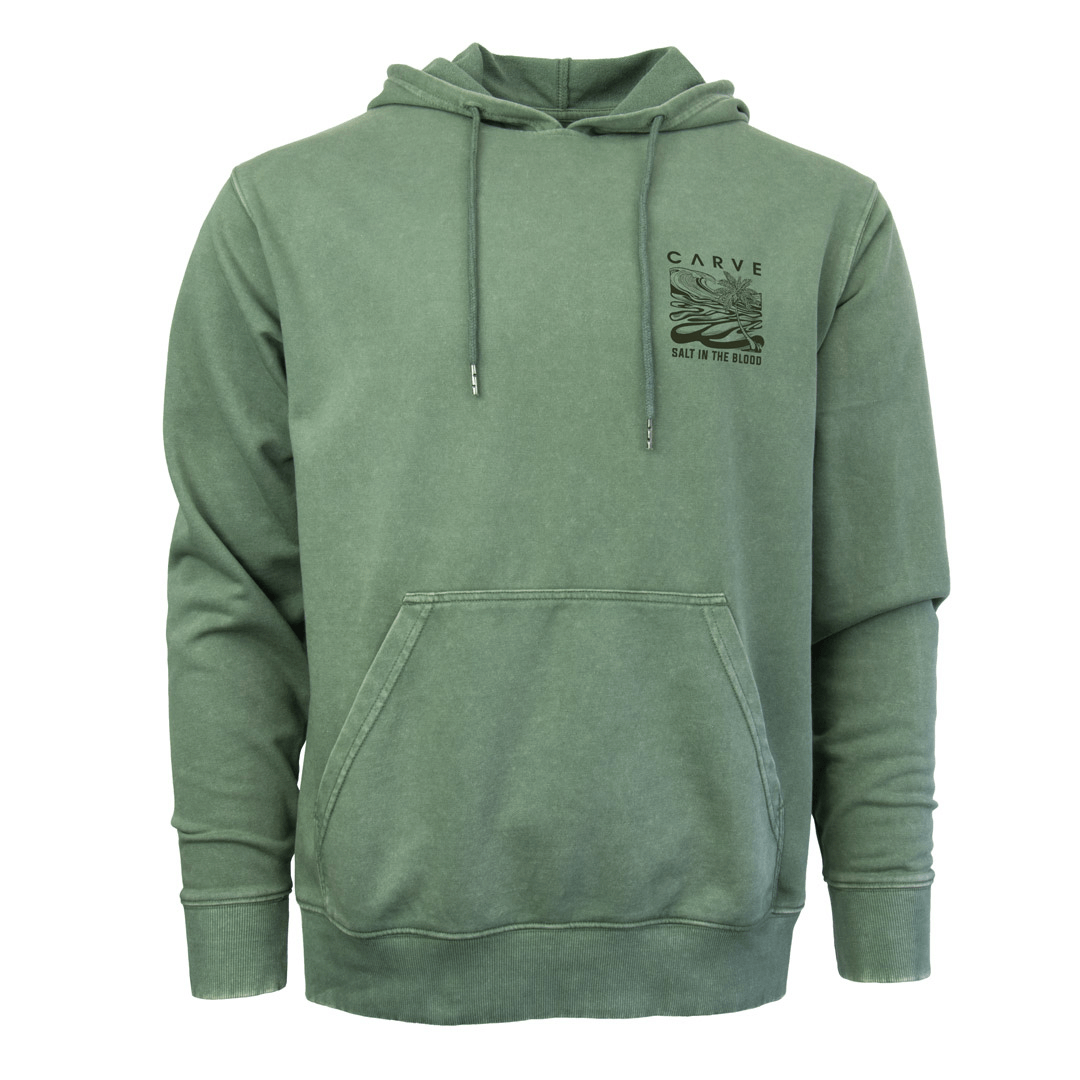 Stewarts Menswear Carve Surfwear Finals Hoodie. Colour is Clover Green. Carve Surfwear's Finals pullover Hooded sweatshirt is a relaxed/oversized fit.  Features a small Carve Print on Left chest and large graphic print on back with a front kangaroo pocket. Image shows front graphic print of waves and mountains with a palm tree.