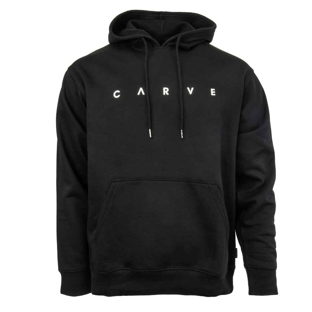 Stewarts Menswear Carve surfwear Legacy boys pullover hoodie. Colour is black with white Carve logo on front chest. Kangaroo pocket at front.