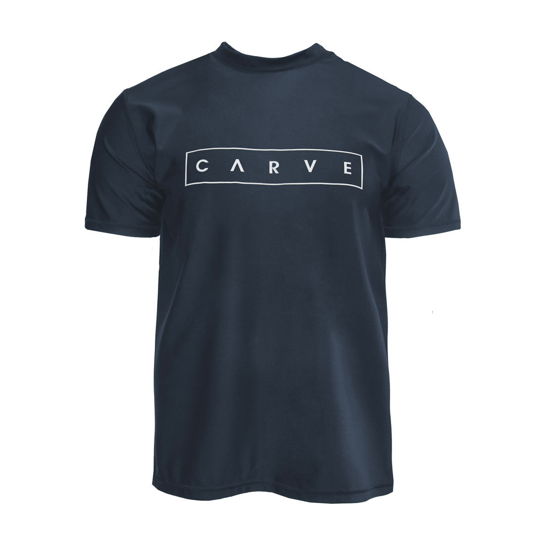 Stewarts Menswear Carve surfwear Locked In short sleeve rashie. Men's short sleeve swim Rashie with Carve chest print.  A relaxed fit Rashie T with a 50+UPF Rating for carefree fun in the sun.  Made from 220g Recycled Polyester/Elastane. Colour is navy with white Carve chest print.