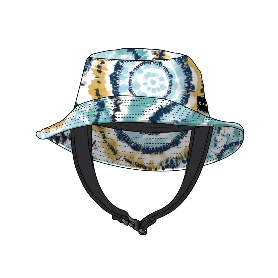Stewarts Menswear Carve surfwear Maelstrom Surf Bucket hat. Quick dry polyester/elastane micro fibre bucket hat with adjustable chin strap. Features all over yardage print and a Carve logo badge. Matches Carve Hula Beach Towel.