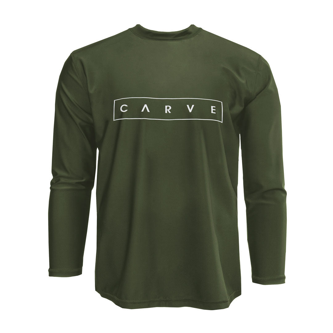 Stewarts Menswear Carve surfwear. Nazare long sleeve rashie. Men's long sleeve swim Rashie with Carve chest print.  A relaxed fit Rashie T with a 50+UPF Rating for carefree fun in the sun.  Made from 220g Recycled Polyester/Elastane. Colour is khaki with white Carve chest print.