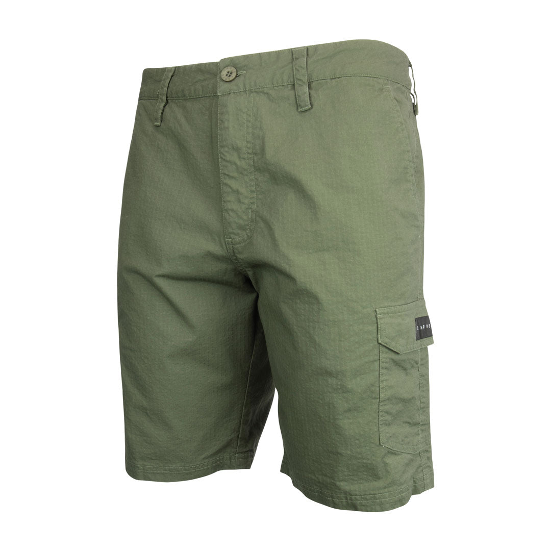 Stewarts Menswear Carve Surfwear Saltbush Cargo Shorts. Men's regular fit fitted waist short featuring button front with zip fly and 20" leg length, these Carve Saltbush Cargo Walk shorts are ideal for the man on the go.  With angled side pockets, back welt pocket and lower leg cargo pockets, there is plenty of room for all your accessories, such as car keys, wallet, passport etc. Perfect for a day out or for travelling. Colour is khaki.