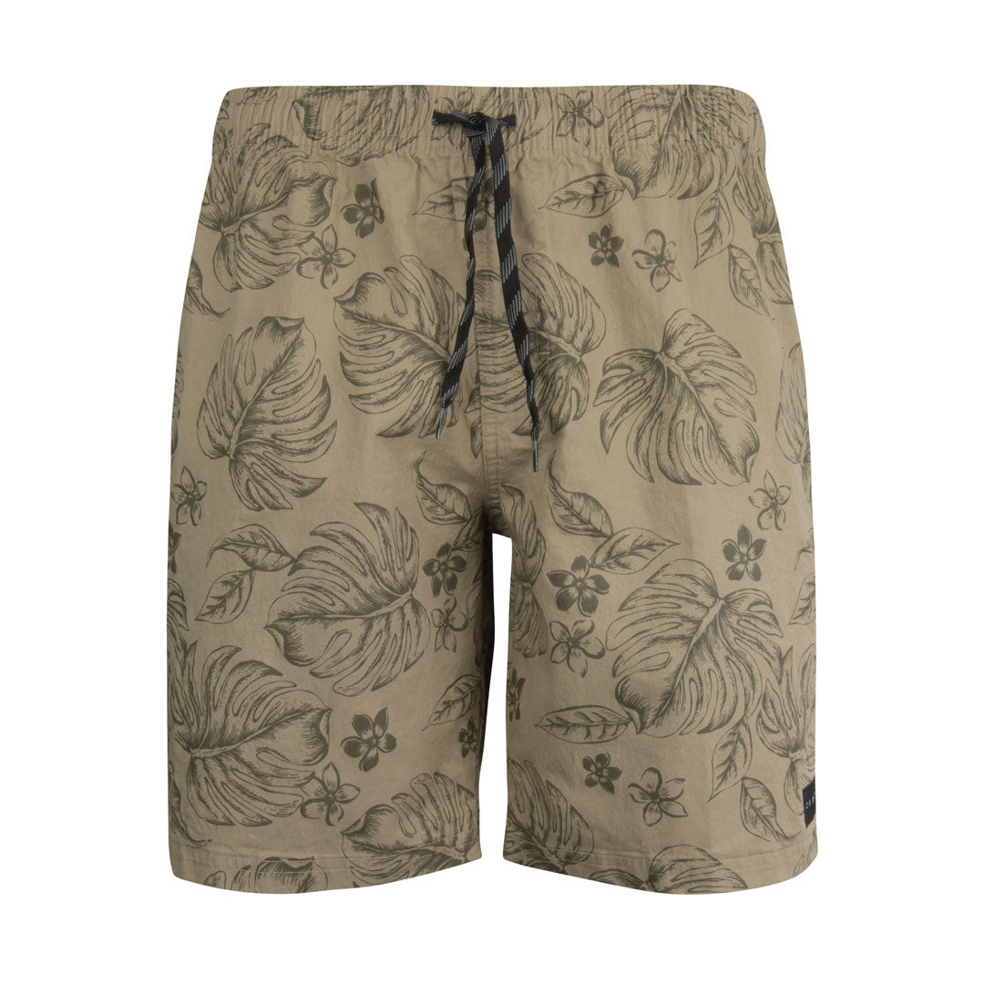Stewarts Menswear Carve Surfwear Tropicana elastic waist volley short. Designed with a straight leg and a 18" outer leg length.  Elastic waist shorts with drawcord and mock fly front. Colour is Olive - Garment washed with all over yardage palm leaf print plus a Carve badge is featured on the left leg.