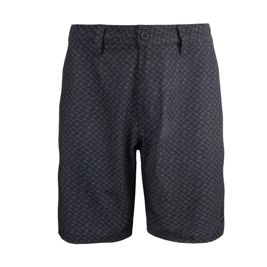 Stewarts Menswear Carve Surfwear Two Shores hybrid walk short. Carve Two Shores is a men's fitted waist hybrid short featuring a button waist with zip fly along with angled side pockets with mesh pocket linings, and a welt pocket at back.  Regular fit shorts made from a polyester/elastane blend microfibre with sublimation print all over. Black shorts with grey coloured all over floral/geometric pattern sublimation print.
