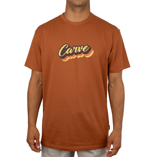 Stewart's Menswear, Mullumbimby. Carve vintage tee. A rust coloured tee shirt with a retro Carve brand print on front chest.