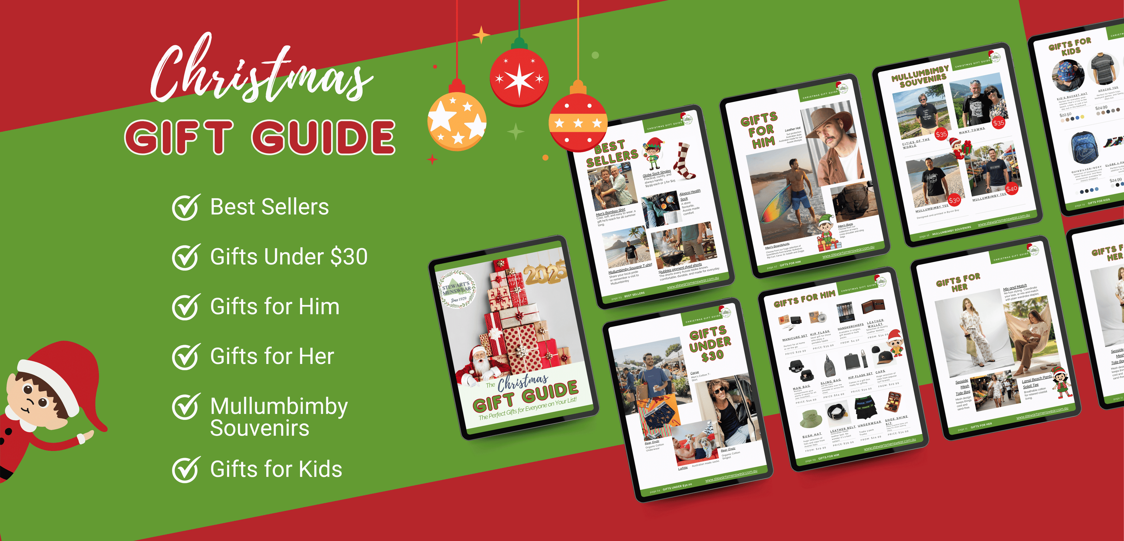 Stewarts Menswear Mullumbimby website banner featuring pages from a Christmas Gift Guide on a red and green background.