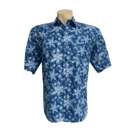 Stewarts Menswear Cipollini Australia made cotton shirt. This Australian made Men's Short Sleeve Cotton Shirt is the perfect blend of comfort and quality. Made from 100% cotton right here in Australia featuring a unique fashion print. A light denim blue in colour with white floral design.