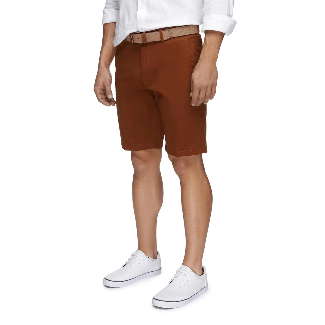 Stewarts Menswear City Club Ariel chino short. Colour is Rust. Photo shows model wearing City Club Ariel Shorts front view.