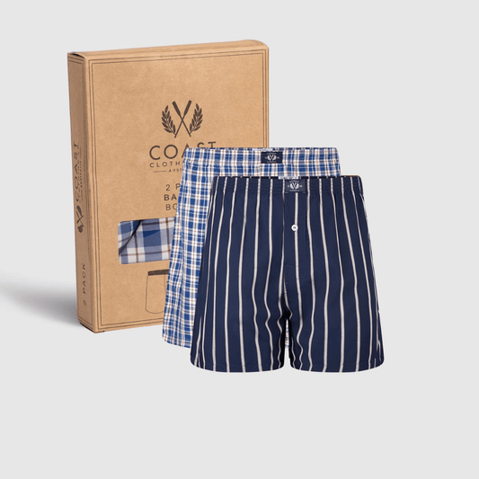 Stewarts Menswear Coast Clothing Men's 2 pack Bamboo Boxer Shorts. Photo shows contents of 2 pack. 2 pair of boxer shorts: 1 is Navy with stripes and the other is Navy check pattern.