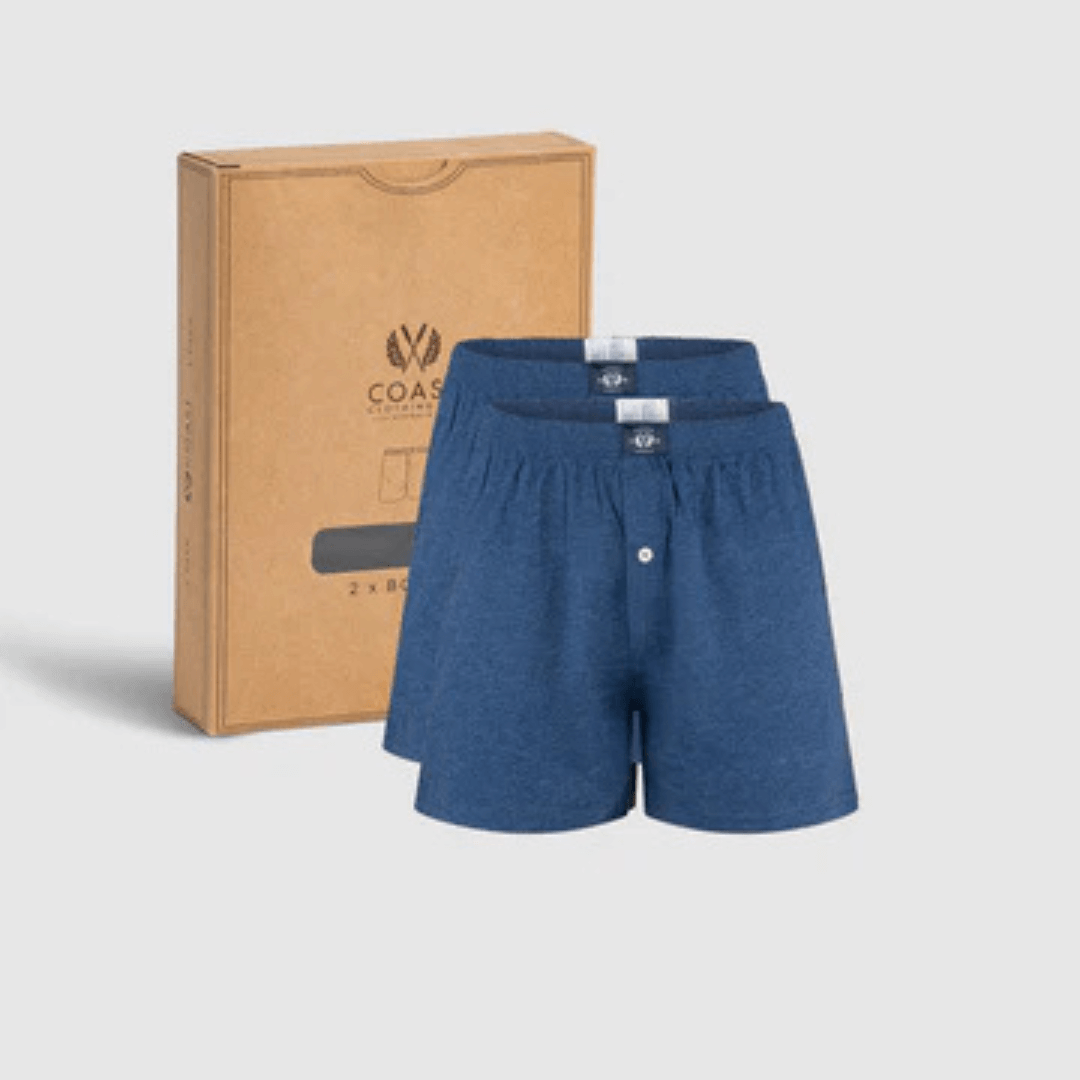 Stewarts Menswear Coast Clothing Men's 2Pack knit boxer short. Colour is Navy Marle. Photo shows contents of 2 pack - 2 pair of Navy Marle coloured Knit Boxer shorts in OLDER packaging (Size S). All other sizes available in NEW packaging.