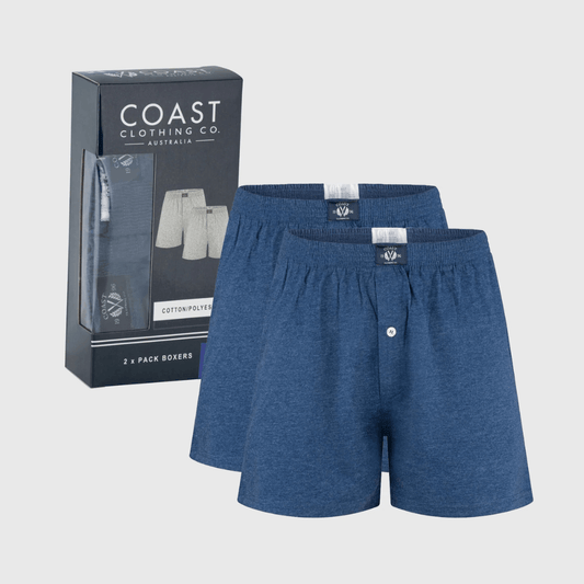 Stewarts Menswear Coast Clothing Men's 2Pack knit boxer short. Colour is Navy Marle. Photo shows contents of 2 pack - 2 pair of Navy Marle coloured Knit Boxer shorts plus NEW packaging.