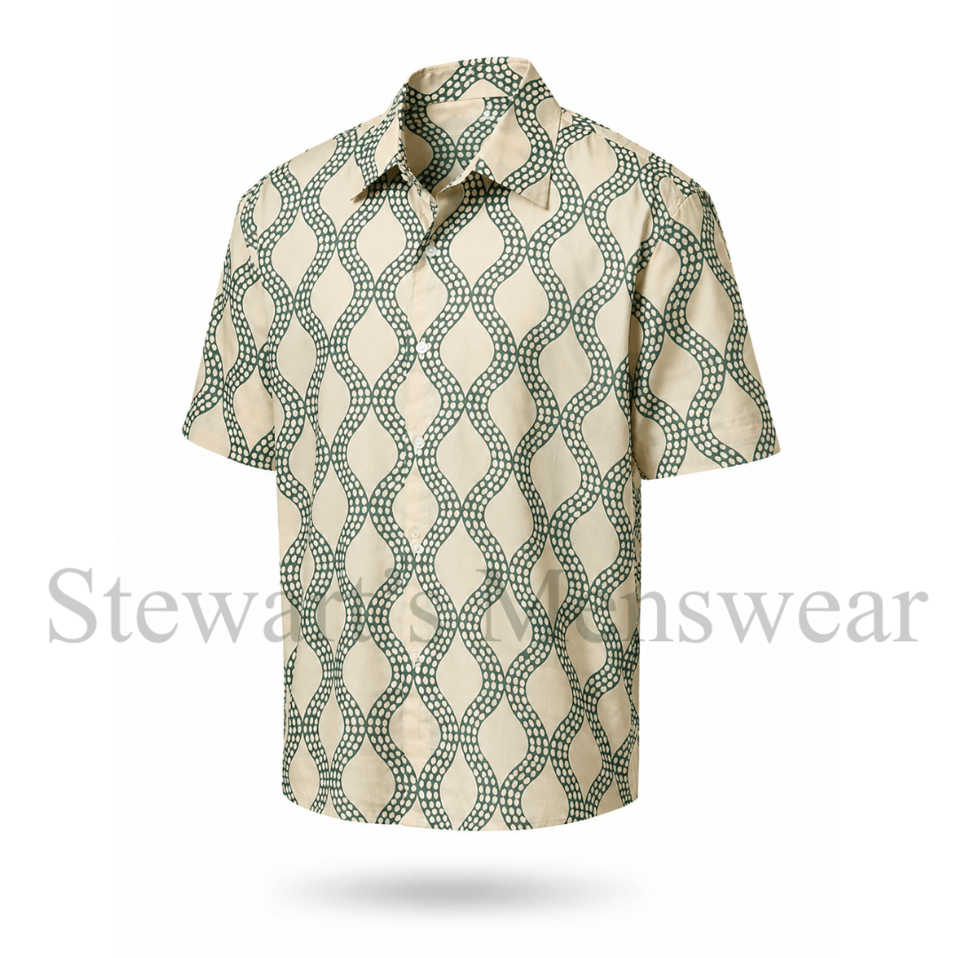 Cochin Blue Python Shirt in sage green wave print, hand printed cotton voile shirt available at Stewart's Menswear Mullumbimby.